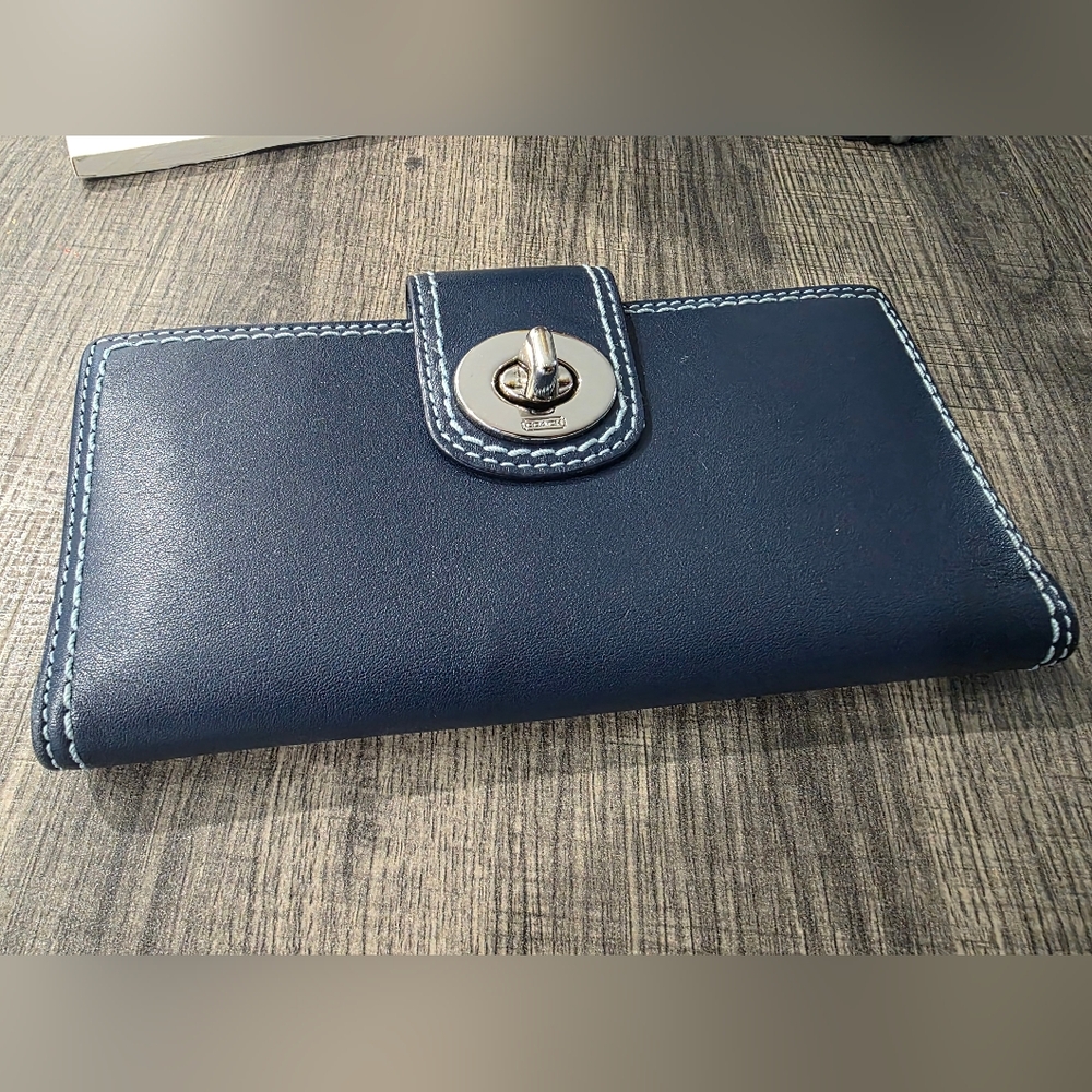Coach Dark Blue With Light Blue Stiching Turnlock Wallet - Excellent Condition!